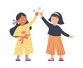 Cute kids girls smile and give each other high five, flat vector illustration isolated on white background.