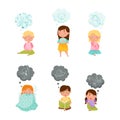 Cute kids with gloomy and positive thoughts in speech bubble set cartoon vector illustration Royalty Free Stock Photo