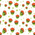 Cute kids green alien head with red hair and big eyes repeating pattern with green stars on white background Royalty Free Stock Photo