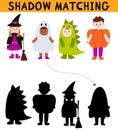 Cute kids in halloween costume shadow matching activity for children. Simple educational game for kids with leaves. Find Royalty Free Stock Photo