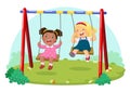 Cute kids having fun on swing in playground