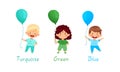 Cute kids holding balloons of different colors set. Boys and girl holding turquoise, green and blue balloon vector