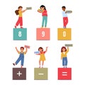 Cute Kids Holding Numbers Eight, Nine, Zero And Signs Plus, Minus Or Equal. Visual Math Learning, Vector Illustration