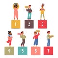 Cute Kids Holding Numbers For Fun Math Learning. Children Girls And Boys Characters Hold Up Cards With Digits