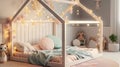 Cute Kids\' House Bed with Fairy Lights and Pastel Dreams. Generative AI