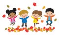 Kids Boys and Girls Playing with Falling Leaves in Autumn Vector Illustration.