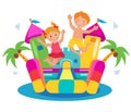 Cute Kids Jumping On A Bouncy Castle Set.