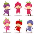 Cute kids in mangosteen, pomegranate, raspberry, dragon fruit, a