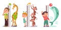 Cute kids measure height. Boys and girls near wall measurement scales. Growth indicator rulers set. Different animals