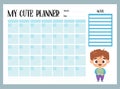 Cute kids monthly planner and notes with cute cartoon character boy. Vector horizontal template. male organizer in blue Royalty Free Stock Photo