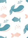 Cute kids nautical underwater pattern. Blue whale and pink fish. Nursery animals background for baby shower, fabric or scrapbook