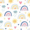 Cute kids nursery. Hand drawn seamless pattern with rainbows, smiling clouds, sun and hearts. Sky background. Baby Royalty Free Stock Photo