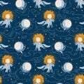 Sun, moon, stars and clouds on dark blue background. Seamless pattern. Vector illustration