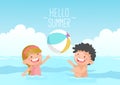 cute kids playing beach ball hello summer Royalty Free Stock Photo