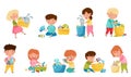 Cute Kids Playing With Different Toys in Playroom Vector Illustration Set