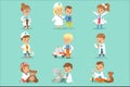 Cute kids playing doctor set. Smiling little boys and girls dressed as doctors examining and treating their patients