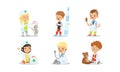Cute Kids Playing Doctors Set, Adorable Boys and Girls Dressed as Doctors Examining and Treating their Patients Vector