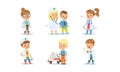 Cute Kids Playing Doctors Set, Adorable Boys and Girls in White Coats Examining and Treating their Patients Vector