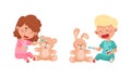 Cute kids playing doctors set. Boy and girl curing their toys cartoon vector illustration Royalty Free Stock Photo