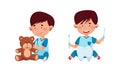 Cute kids playing doctors set. Boys curing their toys with medical tools cartoon vector illustration Royalty Free Stock Photo