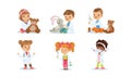 Cute Kids Playing Doctors Set, Boys and Girls in White Coats Examining and Treating their Patients Vector Illustration Royalty Free Stock Photo