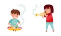 Cute kids playing music set.Boy and girl performing with xylophone and trumpet vector illustration Royalty Free Stock Photo