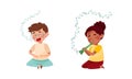 Cute kids playing music set. Boy singing, girl playing flute vector illustration Royalty Free Stock Photo