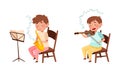 Cute kids playing music set. Boys performing melody on saxophone and violin vector illustration