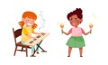 Cute kids playing music set. Girls performing melody on piano synthesizer and shaking maracas vector illustration