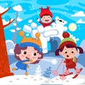Cute kids playing snowballs in a snow fortress. Playground in winter. Characters in cartoon style skiing, skating