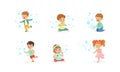 Cute Kids Playing Soap Bubbles Set, Adorable Boys and Girls Blowing Out Bubbles, Children Having Fun at Holiday or