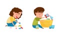 Cute kids playing toys set. Little boy and girl sitting on floor and playing cartoon vector illustration Royalty Free Stock Photo