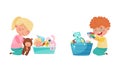 Cute kids playing toys set. Little boy and girl sitting on floor and playing with toys in baskets cartoon vector Royalty Free Stock Photo