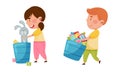 Cute kids playing toys set. Little girl and boy putting toys in baskets cartoon vector illustration