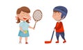 Cute kids playing various sports set. Boy and girl playing badminton and hockey. Children physical activity cartoon