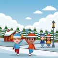 Cute kids in winter cartoons