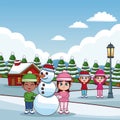 Cute kids in winter cartoons