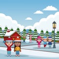 Cute kids in winter cartoons