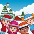 Cute kids in winter cartoons