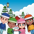 Cute kids in winter cartoons