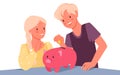 Cute kids putting coin to piggy bank, thrifty boy and girl with moneybox on table