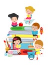Cute kids reading book,cute children reading books, Happy Children while Reading Books, Vector Illustration on white background Royalty Free Stock Photo