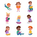 Cute Kids Reading Books Set, Preschooler Children or Elementary School Students Enjoying Literature Cartoon Style Vector
