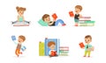 Cute Kids Reading Books Set, Tiny Adorable Boys and Girls Sitting on Stack of Books, Children Enjoying of Reading Royalty Free Stock Photo