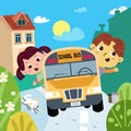 Cute kids ride on school bus. Characters in cartoon style with background. Vector full color illustration for design. Royalty Free Stock Photo