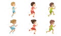 Cute Kids Running Set, Adorable Boys and Girls Doing Sport, Taking Part at Running Competition, Marathon Vector