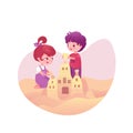 Cute kids with sandcastle vector illustration isolated on white background