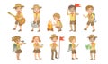 Cute Kids Scouts Camping Set, Cute Boys and Girls in Scout Costumes Cooking, Playing Guitar, Hiking Vector Illustration