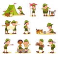 Cute kids scouts. Children in touristic clothes. Summer camping. Adventures organization. Nature explorers. Boys and Royalty Free Stock Photo