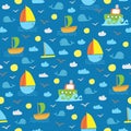 Cute kids seamless marine pattern with whales and ships Royalty Free Stock Photo